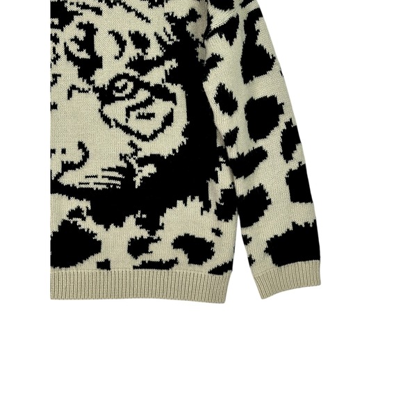 365 Point Tiger Face Animal Print Knit Sweater Cream Black Size Small Oversized - Picture 10 of 10